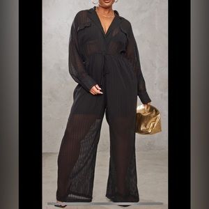 Plus Size Black Sheer Stripe Jumpsuit